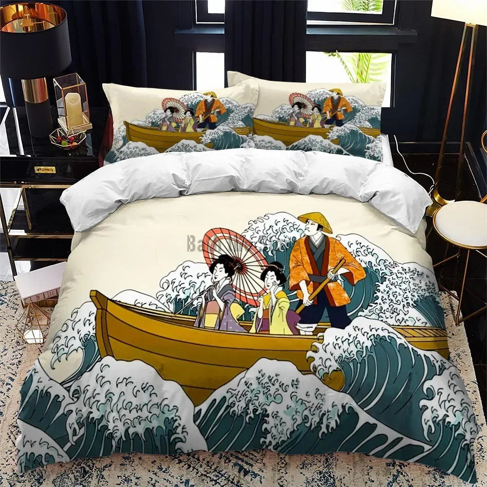 Bedding Set Japanese Painting Landscape Printed  For Kids Girl Luxury Bedding Set Duvet Cover Pillowcase Game Elements