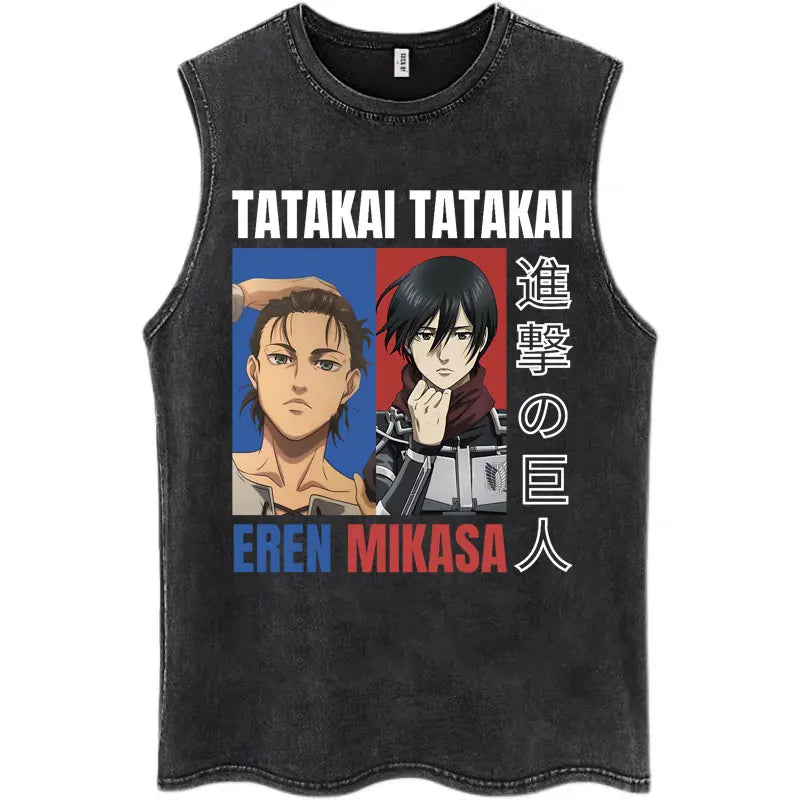 Washed Anime Attack on Titan Vintage Tank Tops Eren Yeager Shingeki No Kyojin Sleeveless T Shirt Men's Cotton Loose Y2k T Shirts