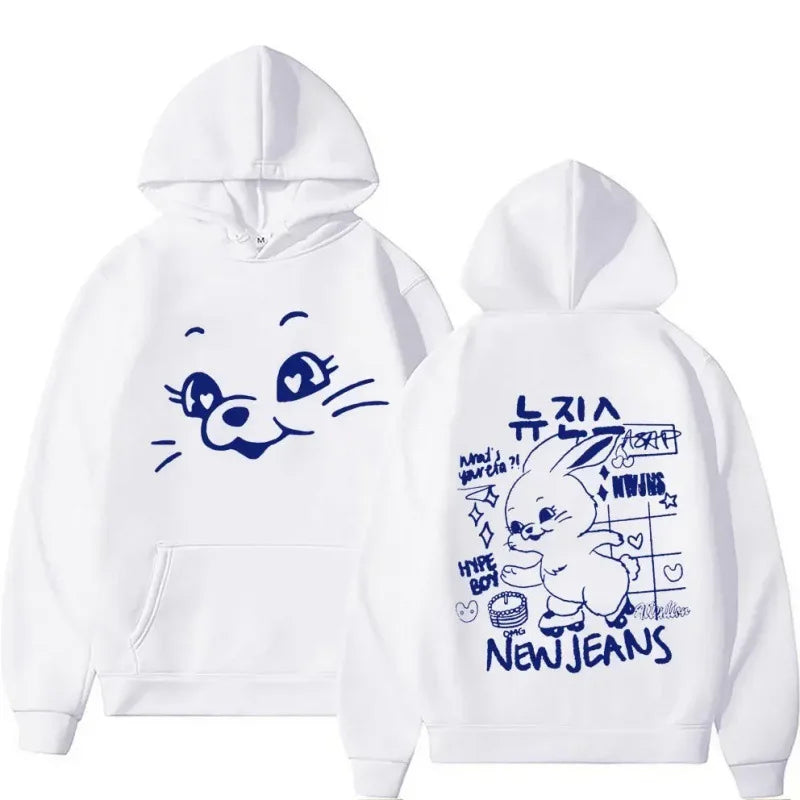 Japanese anime new jeans, rabbit print new hoodie, men's hooded sweatshirt, Millennium Bug street fashion pullover clothing