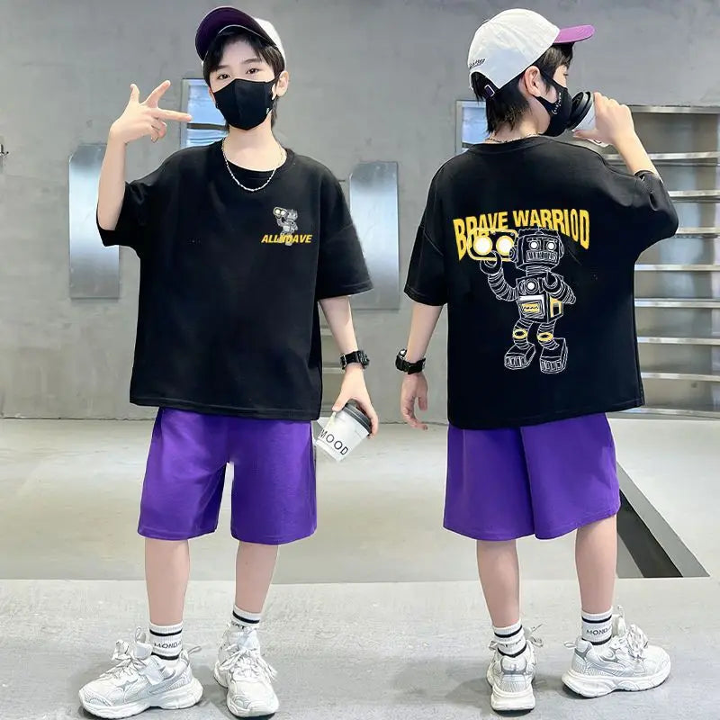 2025 summer Teens Boys Clothes set Outfit Kid robot fashion Tracksuit Child t-shirt top + solid shorts pant 4 7 8 10 12 14 Year