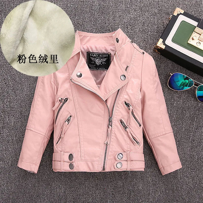 2-14 Years Old Girls Faux Leather Jacket Children PU Coat Long Sleeve Zip Belt Locomotive Jacket Stylish Teen Kids Boys Jackets