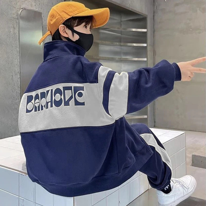 Fashion Boys Clothing Set Spring Autumn Patchwork Zipper Coat Pants 2Pcs For 4-12 Years Kids Tracksuits Teenager Casual Outfits