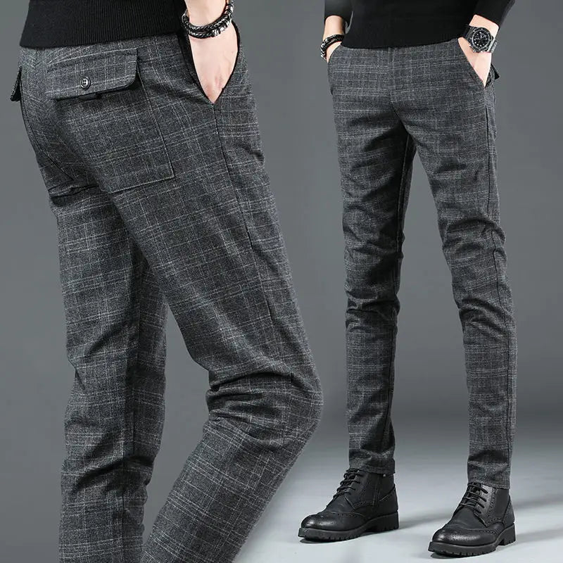 Men's Clothing Korean Fashion Vintage Plaid Business Casual Suit Pants Autumn Formal Slim Straight Trousers Pantalones Hombre