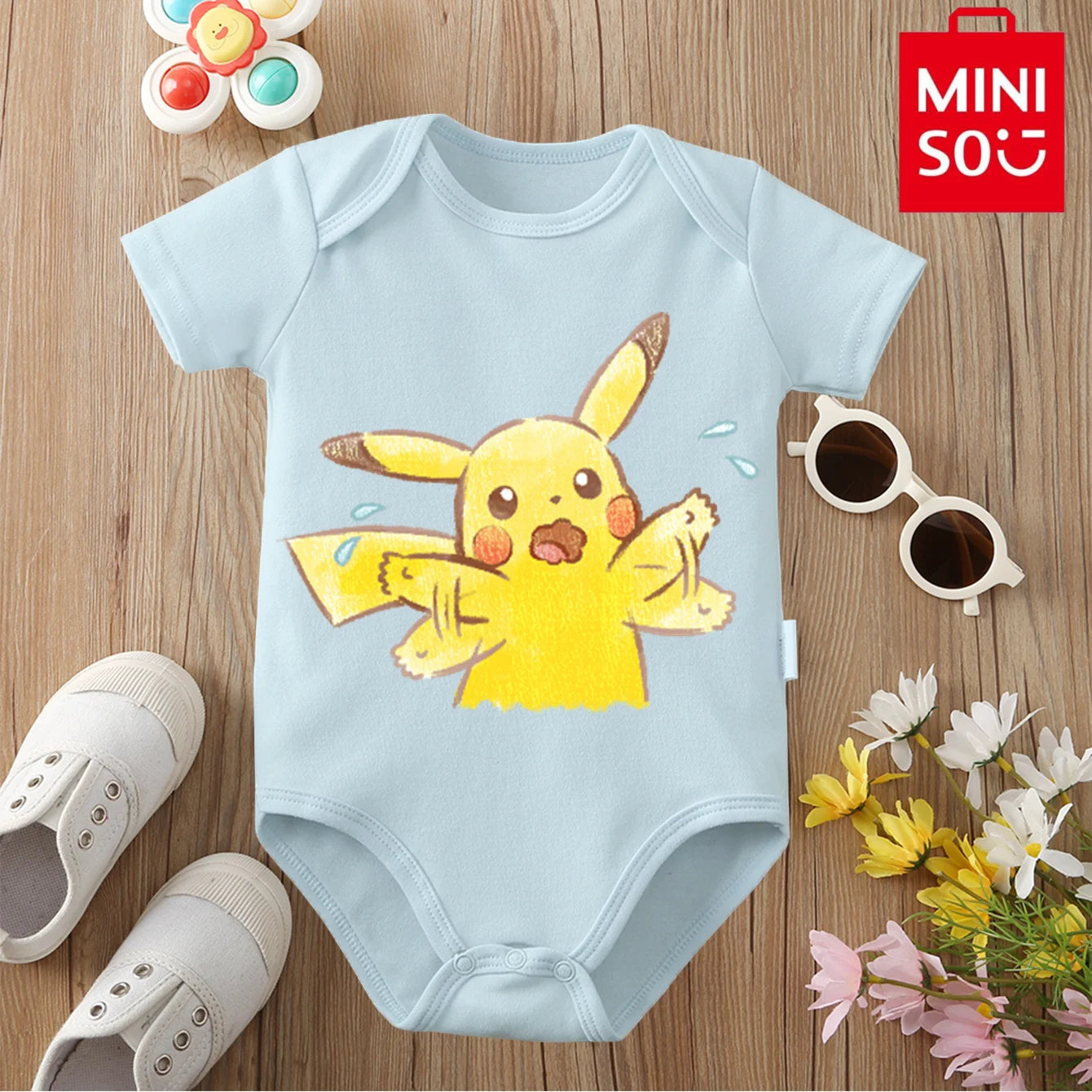 MINISO Pure Cotton Cute Pokemon Pikachu Print Bodysuit Baby Soft Cloths Gift for Baby Onesie Jumpsuit for 0 To 12 Months Newborn