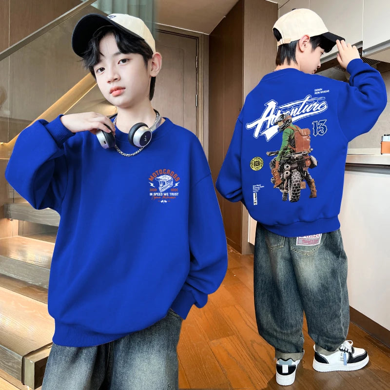 2025 Kids Clothes Boys Streetwear Motorcycle Print Hoodies Sweatshirt Boys Clothing 10 To 14 Years Long Sleeves Children Top
