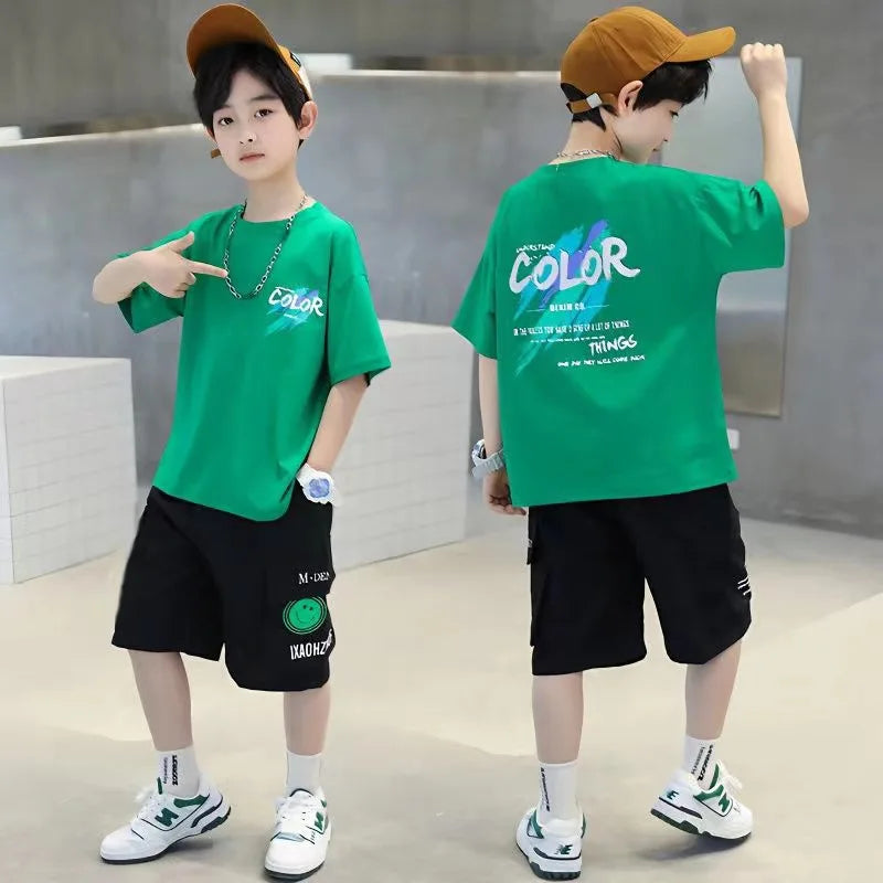 Teen Boys Clothing Set Summer Letter Graffiti Short Sleeve T-shirt+Shorts 2Pcs Suit For 5 6 8 10 12 Years Kids Casual Outfit