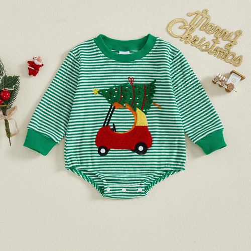 0-18M Infant Baby Striped Romper Santa Claus /Christmas Tree Embroidery Round Neck Long Sleeve Jumpsuit for Newborn Boy Girl