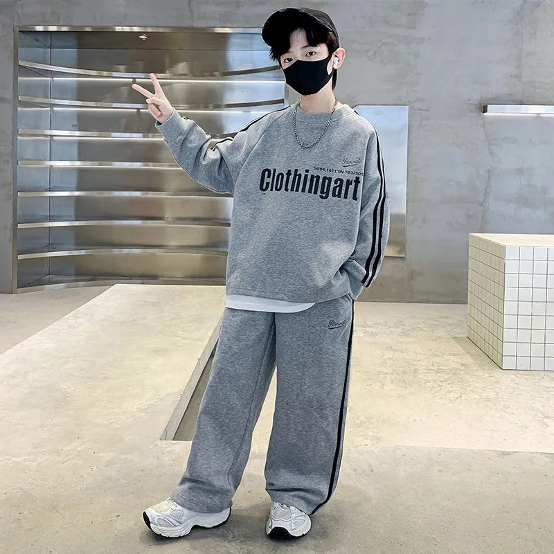 Teenager Boys Autumn Winter Cloth loose striped sweatshirt hooded + wide leg Pants tracksuit 5 8 10 12 Year Child set