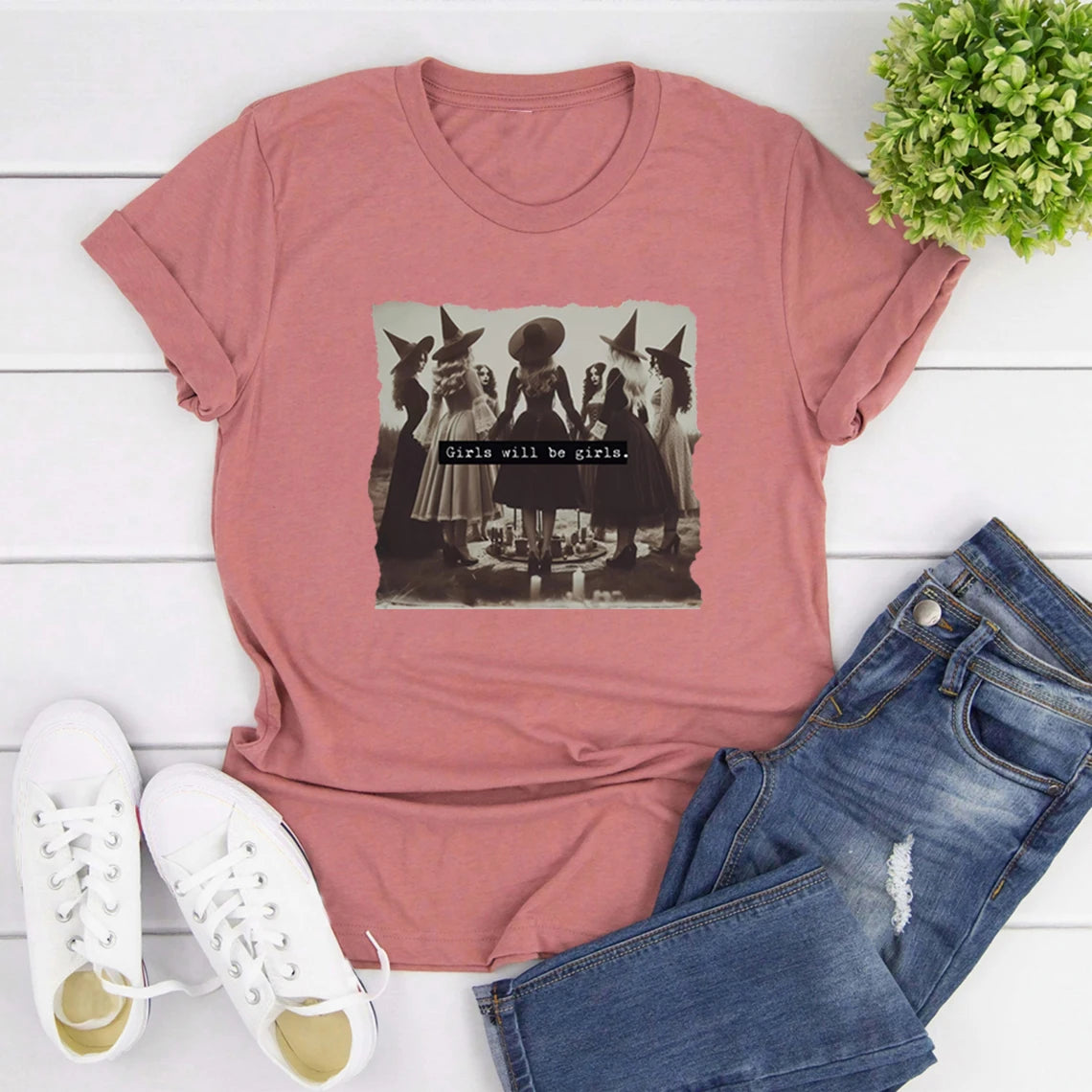 Girls Will Be Girls T Shirts Funny Feminist Witch Tshirt Women Rights Feminist Tee Vintage Witchy T-Shirts Retro Halloween Tops