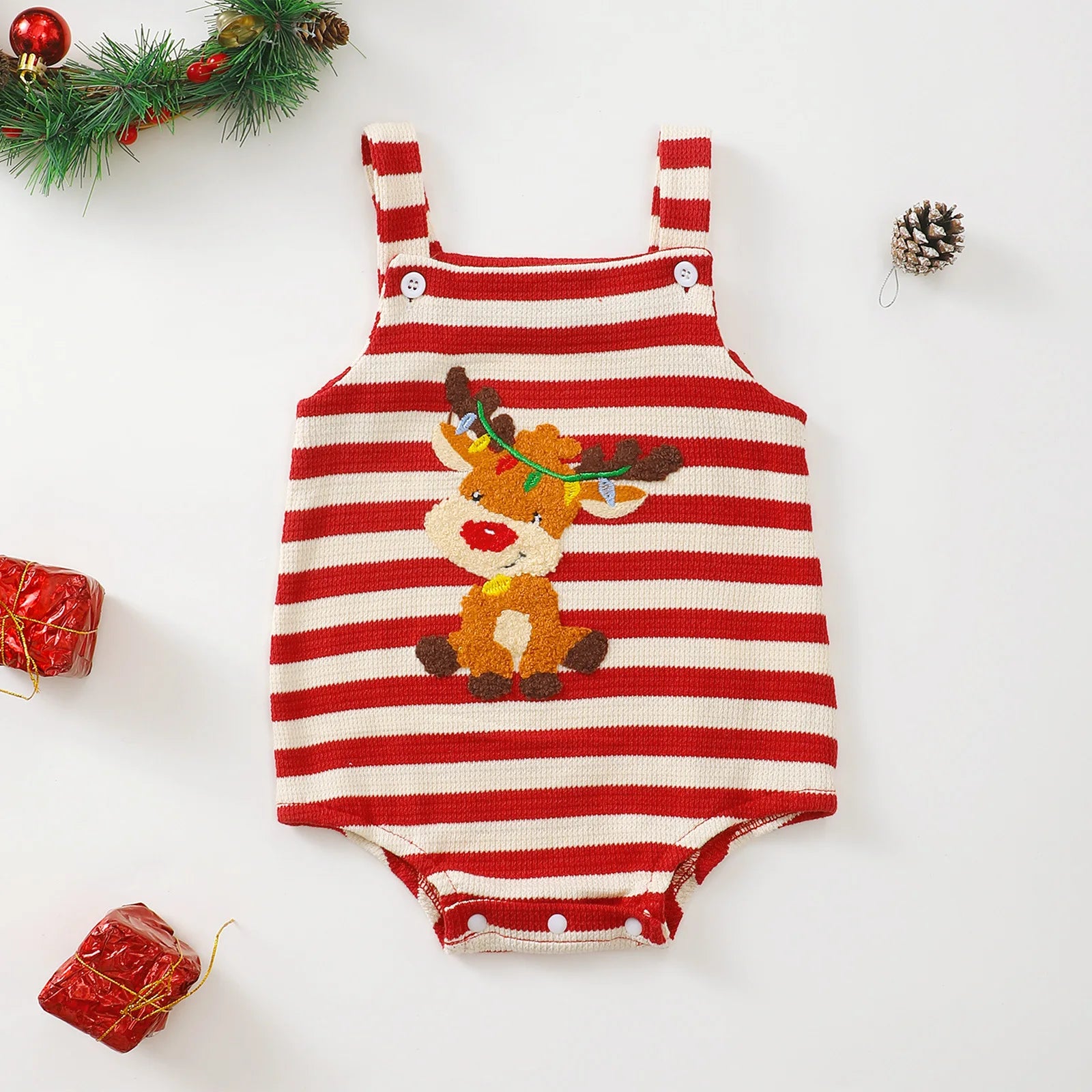 Christmas Embroidered Pattern Baby Romper with Straps Holiday Baby Bodysuit Infant Clothing Festive Baby Outfit