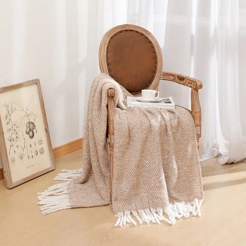 European and American Style Solid Sofa Blanket Napping Air Conditioning Blanket Towel with Tassels Super Soft Cozy Shawl Cushion