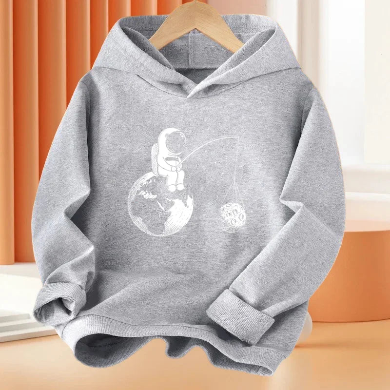 Spring Autumn Boys 2-14Year Cartoon Space Astronaut Fishing The Moon Long Sleeve Hoodie Children Funny Tops Kids Fashion Coat