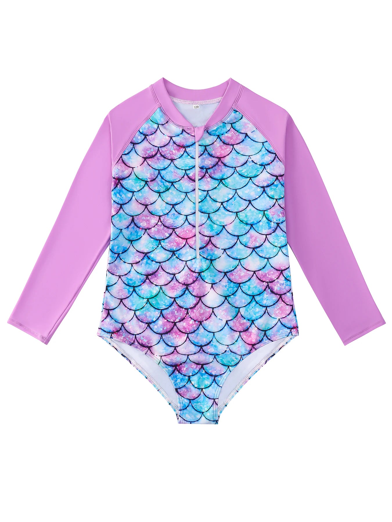 Bikini Cut Bottom Swimwear Kids Girl Color Blocking Raglan Long Sleeve Swimsuit Scale Print Rush Guard Zipper Swimming Suit New
