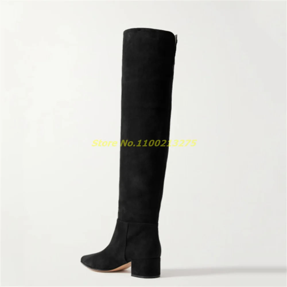 Block Heel Knee High Suede Boots Square High Heel Back Zipper Tan Black Fashion 2025 Winter Women Dress Shoes