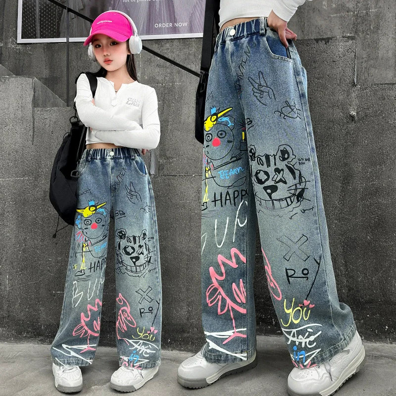 Autumn Teenage Girls Cartoon Graffiti Jeans Junior Kids Casual Wide Leg Trousers Tween Girls Clothing Child Clothes 10 to 12 14Y