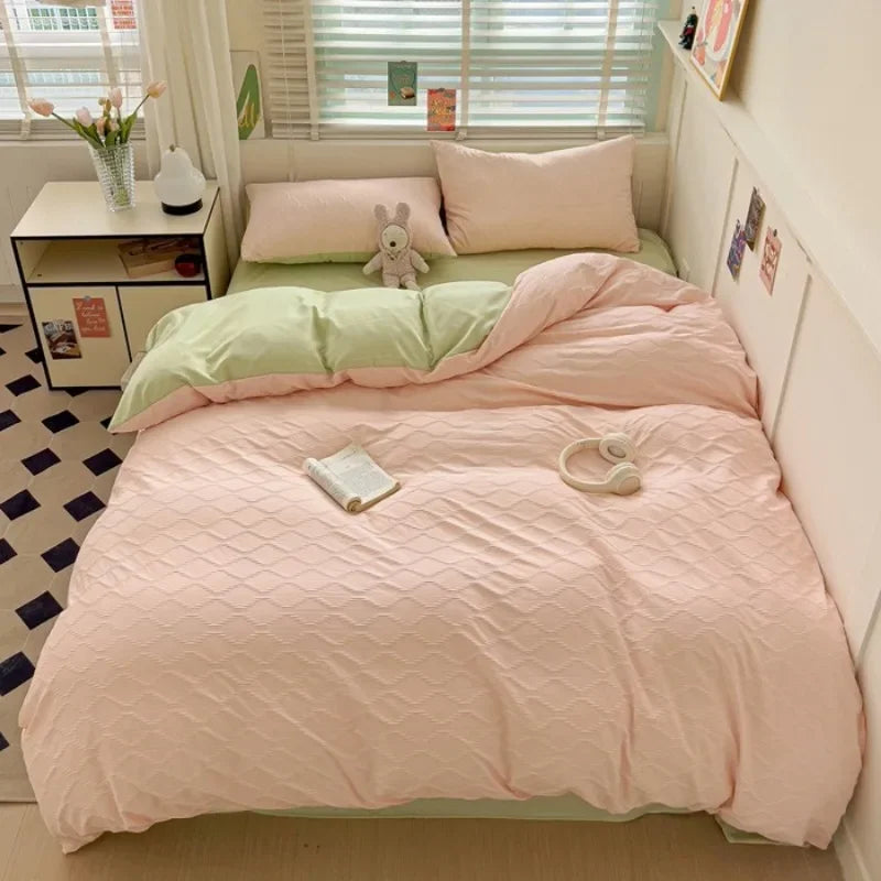 seersucker bed sheet four-piece set washed cotton skin-friendly and comfortable rhombus quilt cover solid color quilt cover