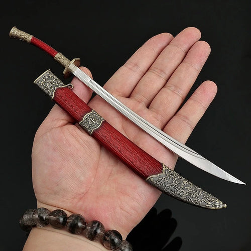 22cm/8.66in Qing Dynasty Model Metal Handicraft Ornament Red Oxtail Knife with Sheath Desktop Display Peripherals Gifts for Boys