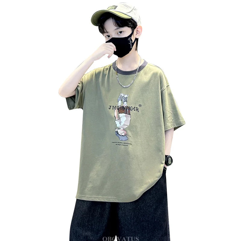 Summer Tees Tops for Teen Boy Cotton T-Shirt New Short Sleeve Fashion Cartoon Tshirts for Children Korea Kids Luxury Clothes