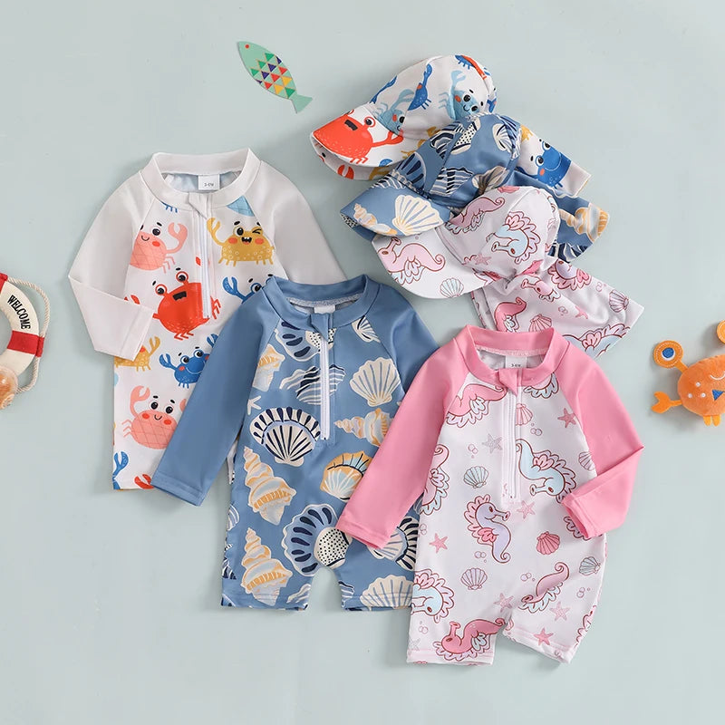 Blotona Toddler Boys Girls Rash Guard Swimsuit with Hat 2Pcs Set Seahorse Shell Pattern Zip Up Long Sleeve O-Neck Baby Swimwears