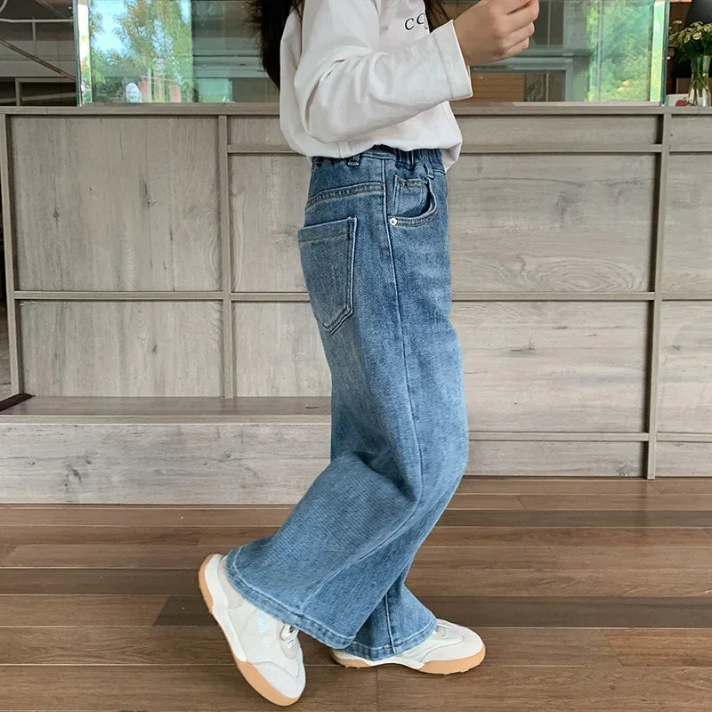 Childrens Jeans Good Fit High-quality Girls Autumn Fashionable and Versatile Washed Elastic Retro Straight Leg Jeans