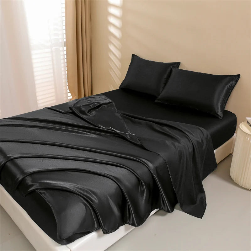 Satin Bed Sheets, Queen Size Sheets Set, 4 Pcs Silky Bedding Set   1 Deep Pocket Fitted Sheet + 1 Flat Sheet + 2 Pillowcases