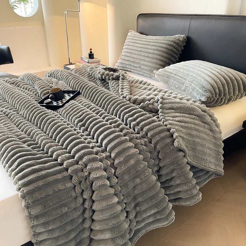 Solid color thickened wide striped multifunctional blanket, can be used as bed sheet cover blanket, nap blanket, pet blanket