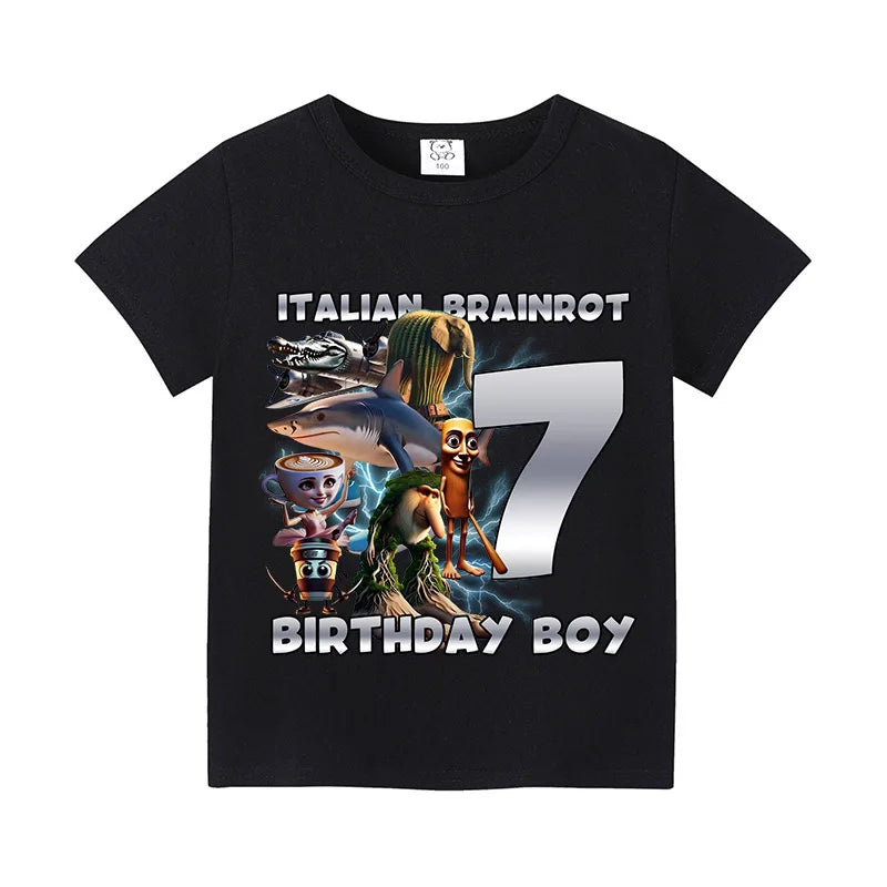 Italian Brainro Kids Birthday Number T-shirts Tung Tung Tung Sahur Summer Clothes Funny Meme Short Sleeves Tops Boys Girls Tees