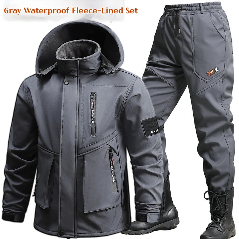 Men's Work Suit Winter Thickened Waterproof Jacket Pants Set Windproof Outdoor Workwear Winter Two Piece Set Jogging Suits Men