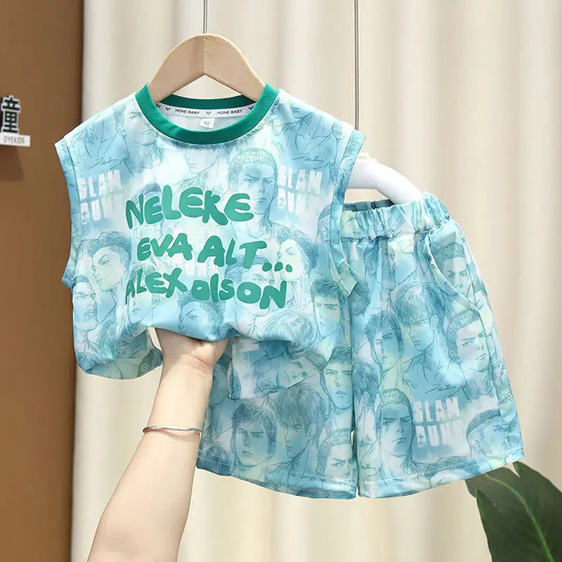 Summer Teenage Boy Clothes Kids Letter Print Sleeveless Top & Shorts 2pcs Suit New Fashion Baby Boys Clothing Children Tracksuit