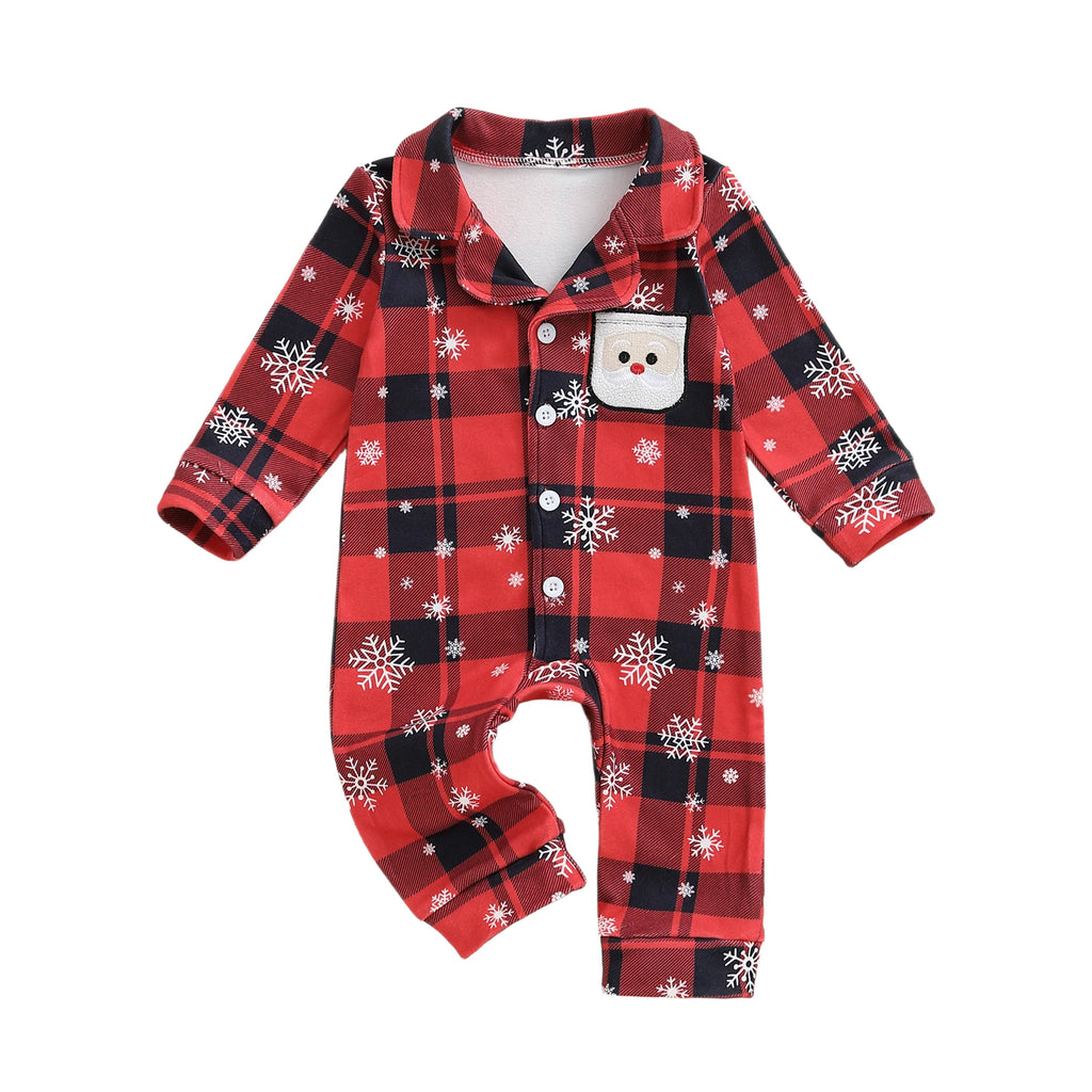 0-18M Newborn Baby Christmas Pajamas Plaid Snowflake Print Button Down Lapel V Neck Long Sleeve Romper