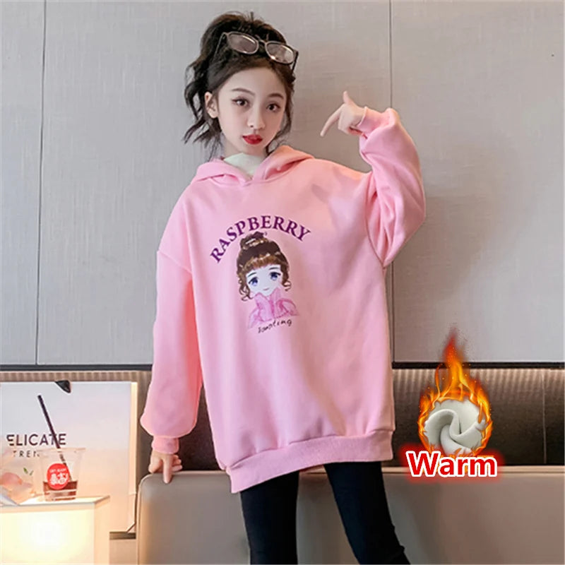 Teenage Girls Hoodies Sweatshirts Cool Girl Warm Insulated Outerwear with Cartoon New Winter Thicken Clothes Cotton Hooded Tops