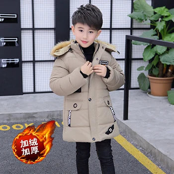 5 6 8 10 12 14 Years Big Boys Jacket Autumn Winter Plus Velvet Warm Teen Kids Jackets Fashion Mid-Length Zipper Hooded Boys Coat