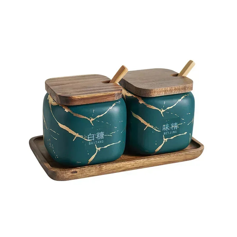 Japanese Kitchen Frosted Seasoning Pot Set Two Pack Marble Ceramic Household Combined Seasoning Box Salt Sugar Seasoning Bottle