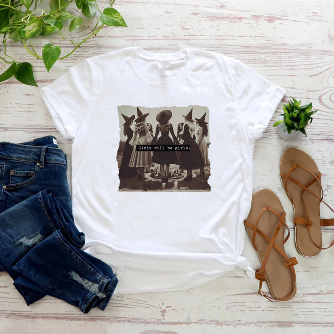 Girls Will Be Girls T Shirts Funny Feminist Witch Tshirt Women Rights Feminist Tee Vintage Witchy T-Shirts Retro Halloween Tops