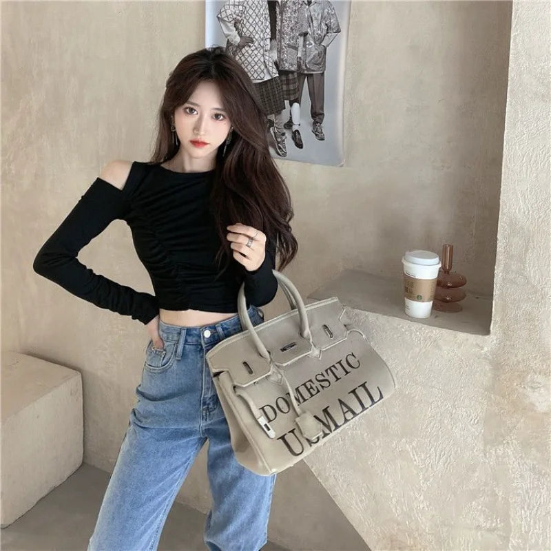 Women's T Shirts Off Shoulder Tees Sexy Plain Slim Black 2025 Tshirts 2000s Trend Female Tops Cool Wholesale Clothes Alt New In