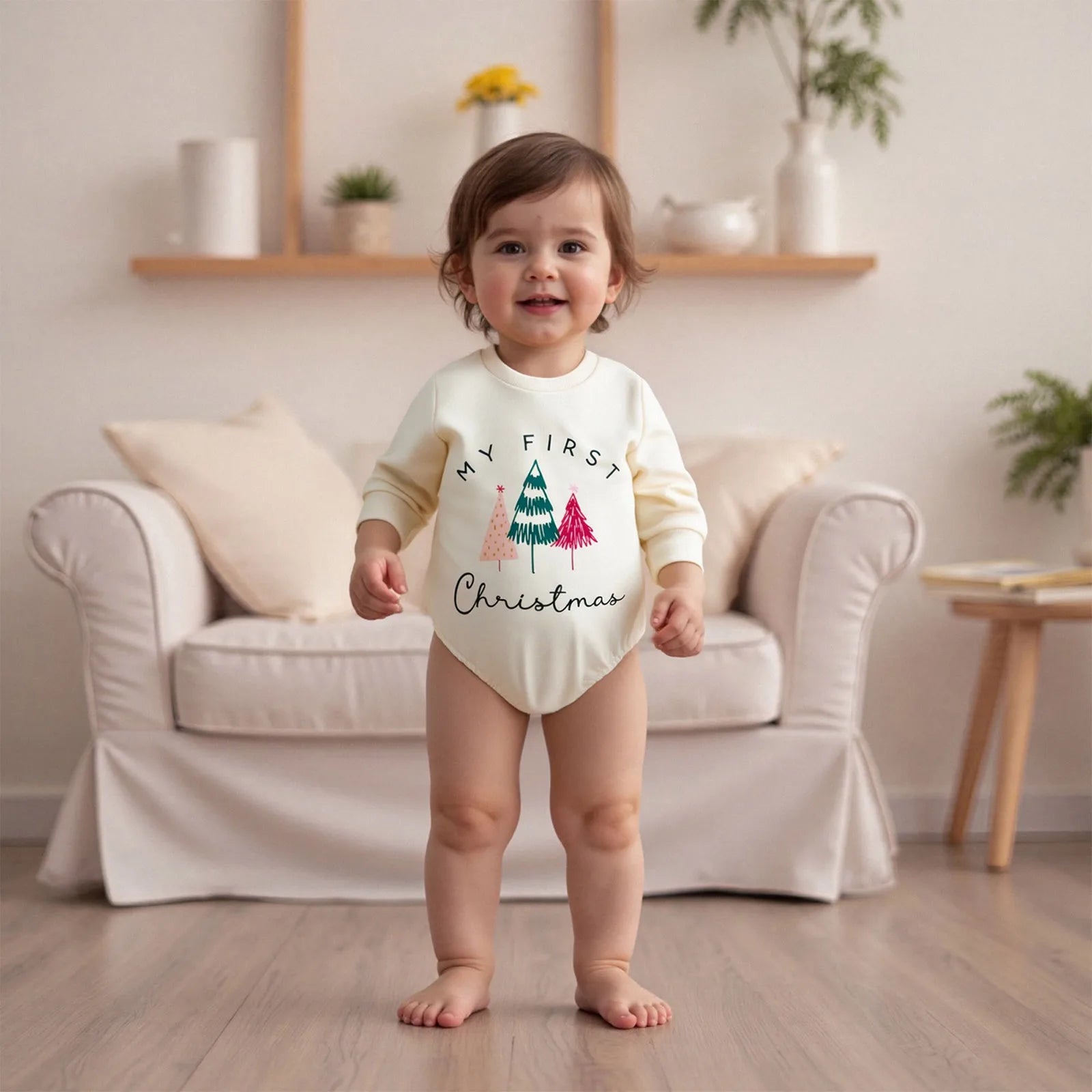 Christmas Infant Baby Rompers Cute Long Sleeve Round Neck Letter Tree Print Jumpsuit