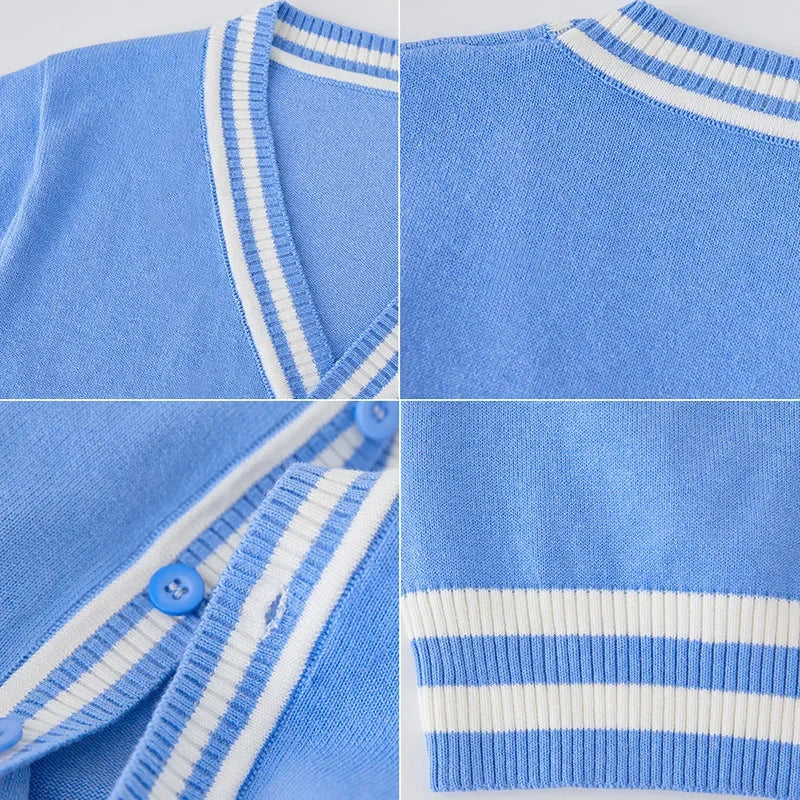 Toddler Girl Cardigan Autumn V-neck Striped Sweaters Teenage Boys Knit Sweater Navy Blue Grey Outerwear Uniform 3 To 18 Years