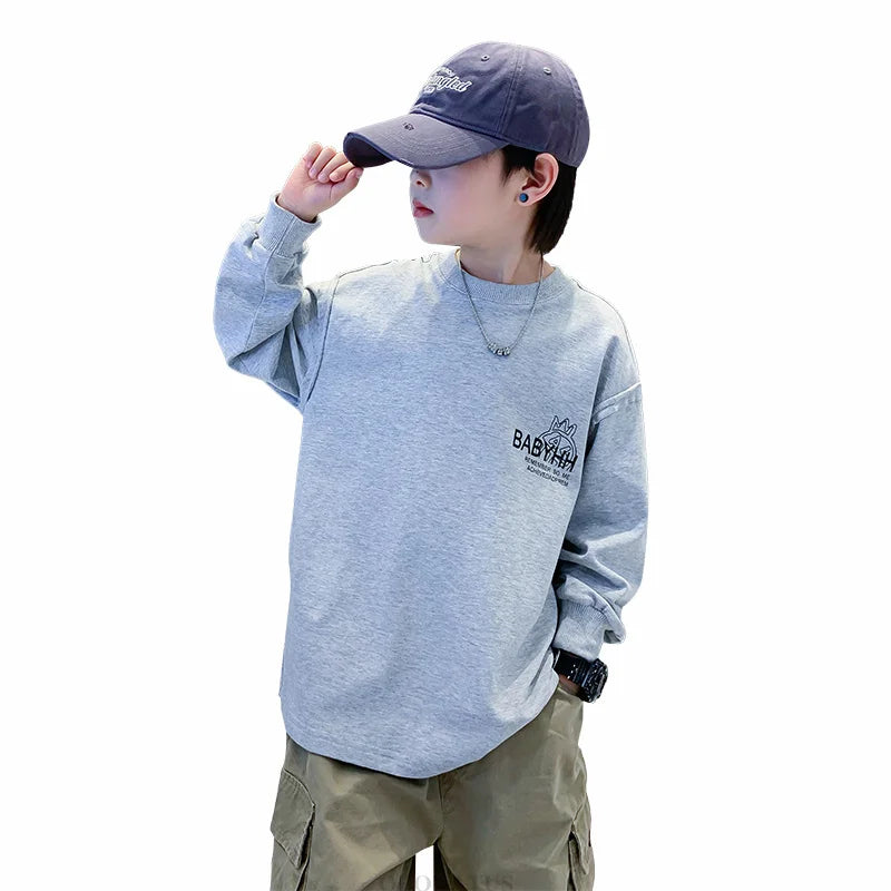 Teen Boys Letter Print Sweatshirt Spring Autumn Long Sleeve Children Loose Casual Kids Grey Color Cotton Pullover Outerwear 4-14