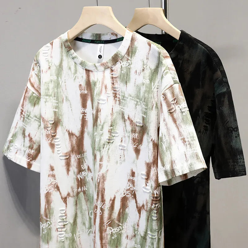 Summer Hot Men Ripped Hole T-shirt Short Sleeved New Loose Casual Round Neck T-shirt Half Sleeved Men Top Trendy