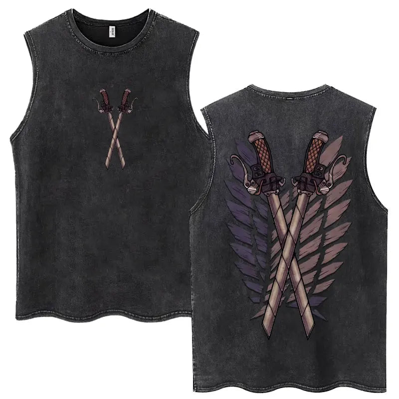 Washed Anime Attack on Titan Vintage Tank Tops Eren Yeager Shingeki No Kyojin Sleeveless T Shirt Men's Cotton Loose Y2k T Shirts