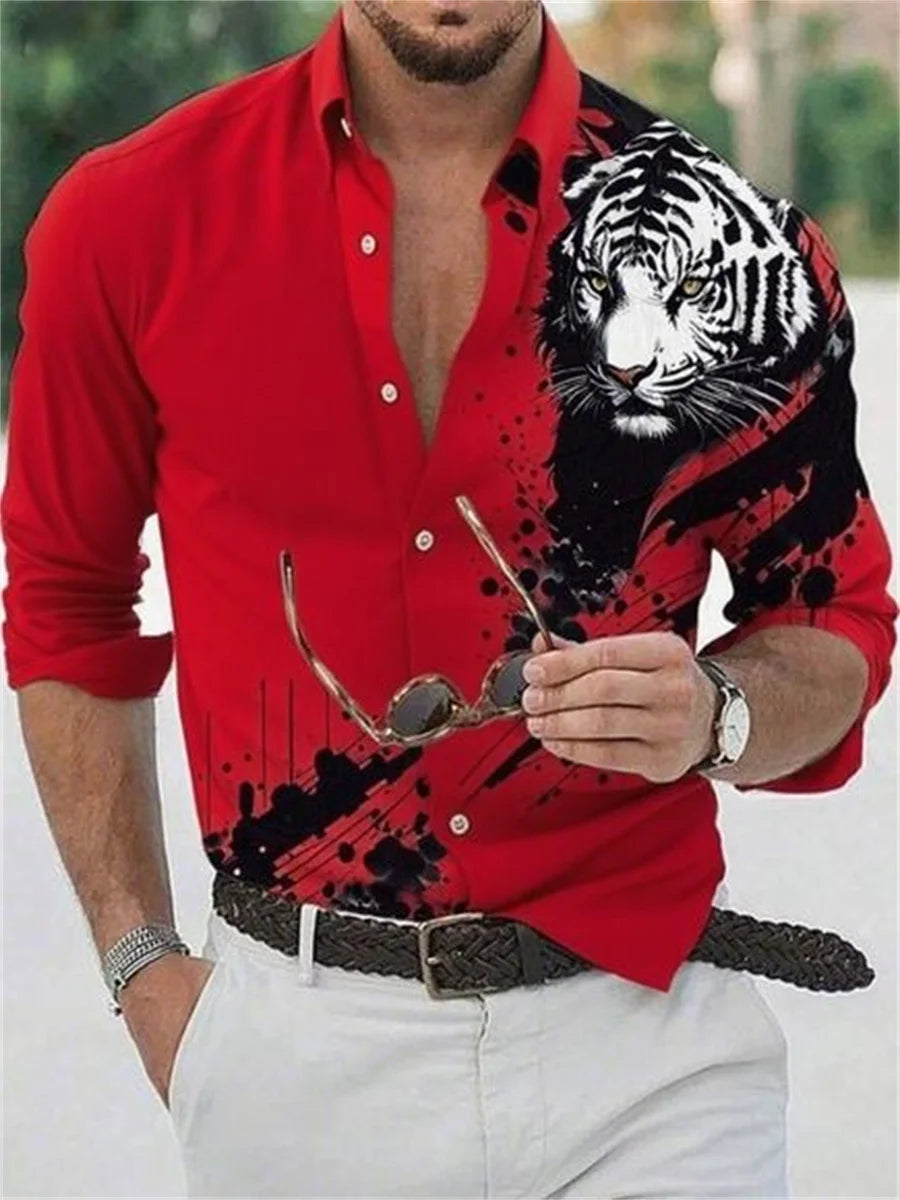 Men's pure color casual tiger 3D print long sleeve shirt, slim without ironing fashionable elastic fabric social essential