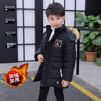 5 6 8 10 12 14 Years Big Boys Jacket Autumn Winter Plus Velvet Warm Teen Kids Jackets Fashion Mid-Length Zipper Hooded Boys Coat