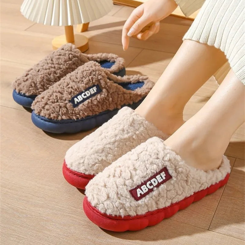 Fashion Winter Plush Couple Cotton Slippers for Women Men Cute Cartoon Anti-slip Solid Color Thick Soles Slides Indoor Home Use