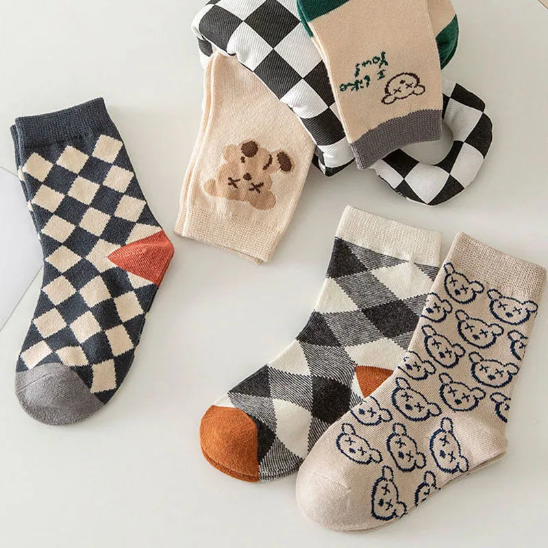 5Pairs/Set Cute Bear Print Baby Socks Soft Cotton Toddler Calf Sock Korean Autumn Winter Cartoon Kids Boy Girl Mid Tube Socks