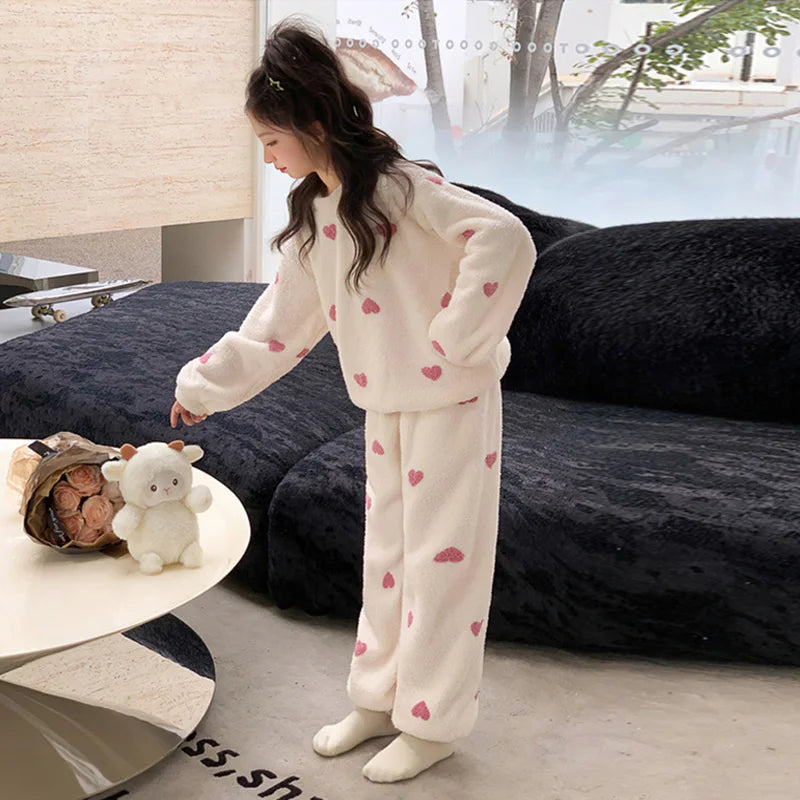 Girls Fleece Suits Kids Warm Padded Pajamas+Pants 2Pcs Outfits Children Autumn Winter Sets Teenager Soft Comfortable Clothing