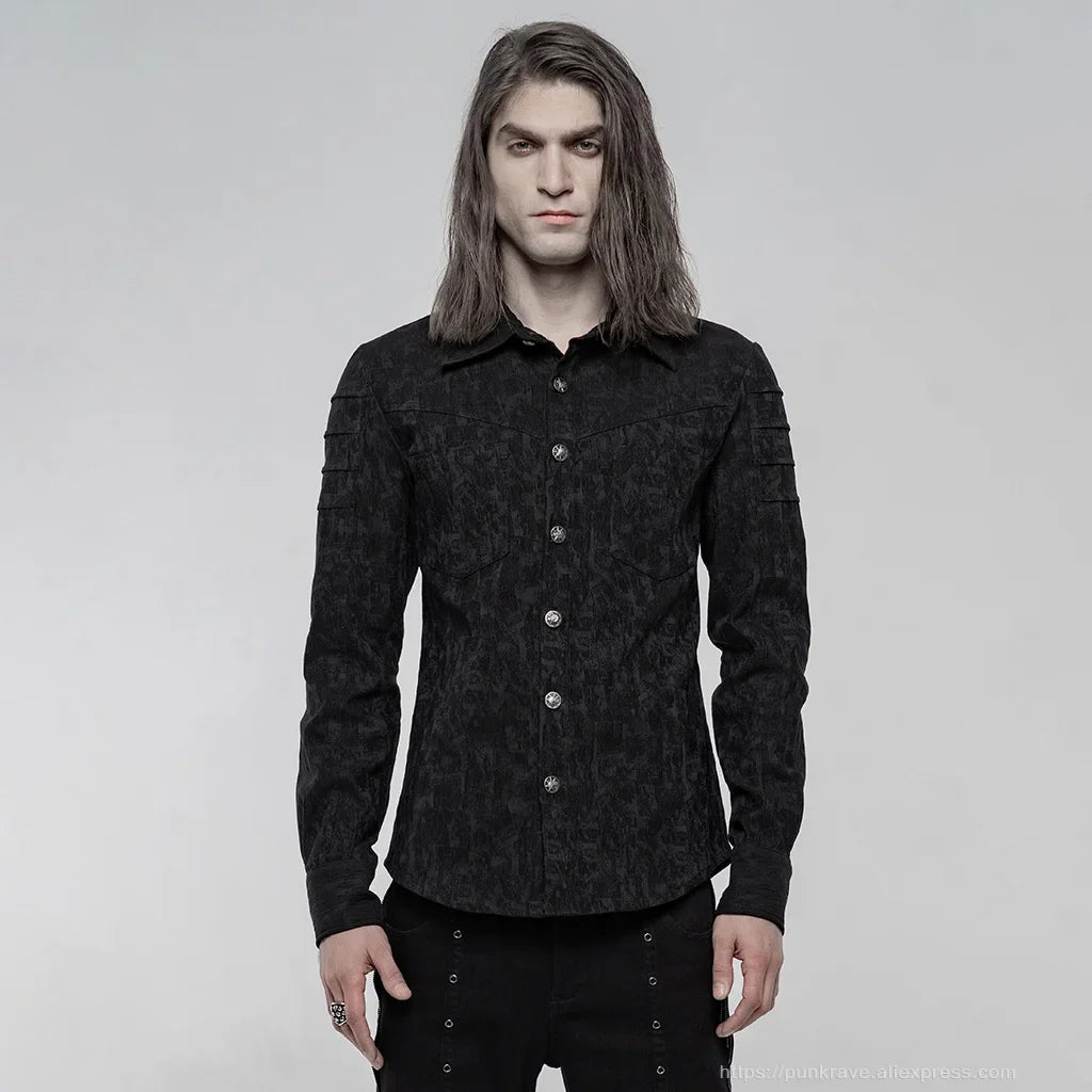 PUNK RAVE Men's Gothic Classic Stretch Jacquard Blouses Punk Slim Palace Noble Simple Casual Long Sleeve Men Shirts
