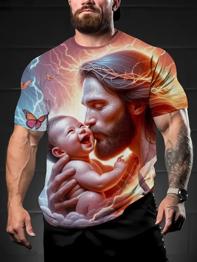 Men's 3D Jesus Print T-Shirt Short Sleeve Casual Crew Neck Praying Hands Design Tshirt For Men New In Oversized Tee Shirt Tops