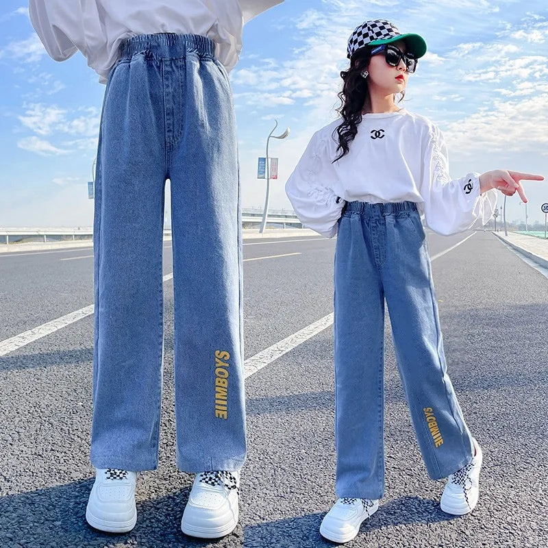 Girls Jeans spring autumn Casual Loose Side Gradient Color Young Children hole Wide Leg Pants3-12Years Teen School Kids Trousers