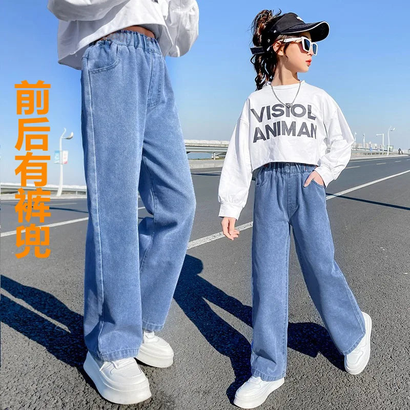 Girls Jeans spring autumn Casual Loose Side Gradient Color Young Children hole Wide Leg Pants3-12Years Teen School Kids Trousers