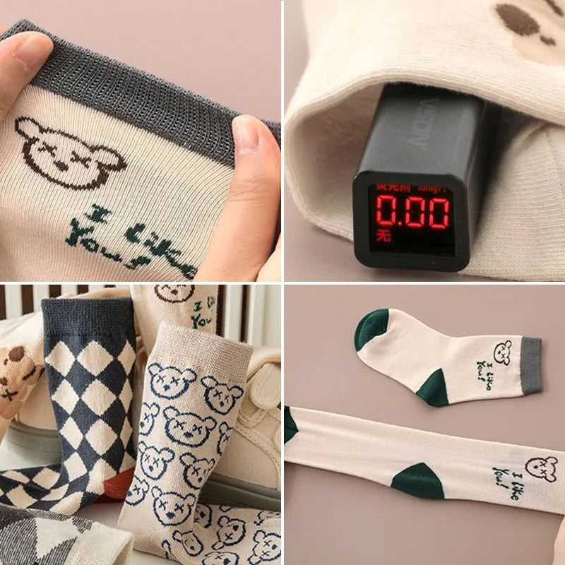 5Pairs/Set Cute Bear Print Baby Socks Soft Cotton Toddler Calf Sock Korean Autumn Winter Cartoon Kids Boy Girl Mid Tube Socks